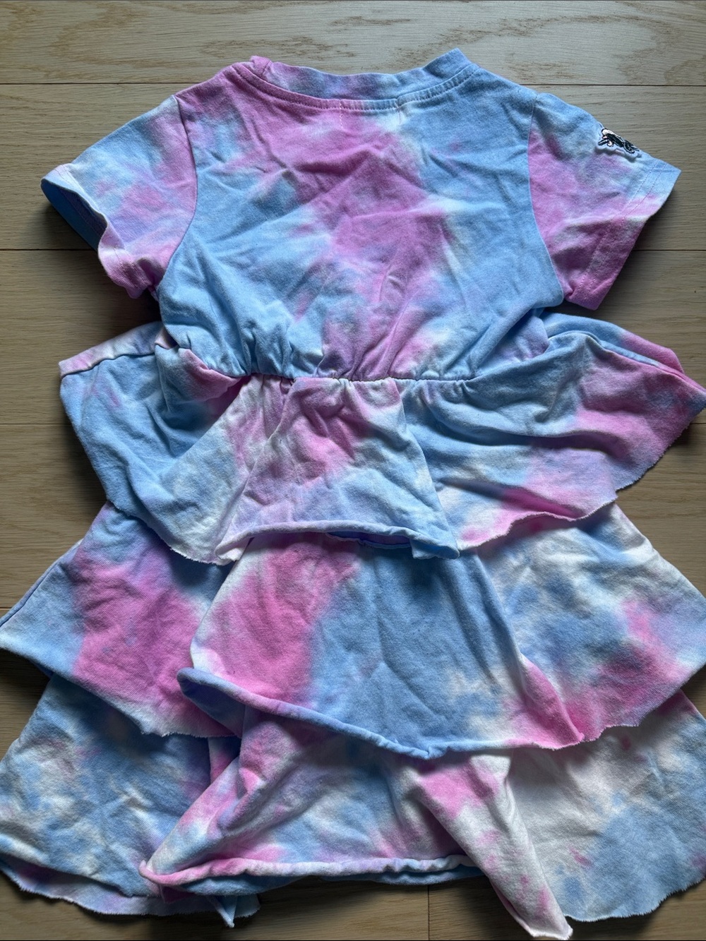 Lola + The Boys Pink and Light Blue Tie-Dye Ruffle Dress with Diamond Patch - Picture 6 of 6